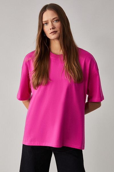 GRIMELANGE Jemmy Women's 100% Organic Cotton Relaxed Fit Slit Round Neck Pink T-Shirt