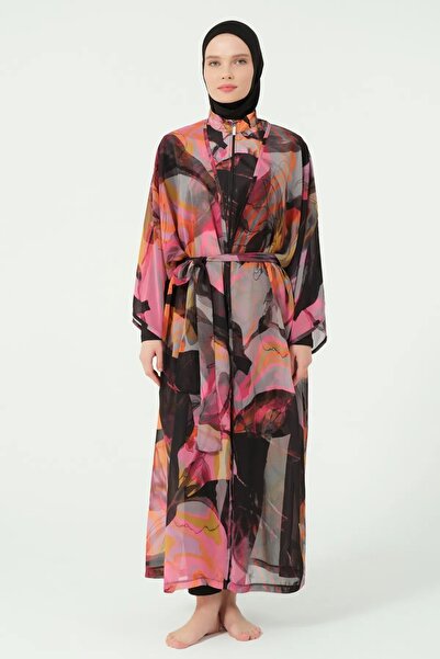 Bordomix 7183 Women's Black Patterned Belted Long Pareo - Beach Dress