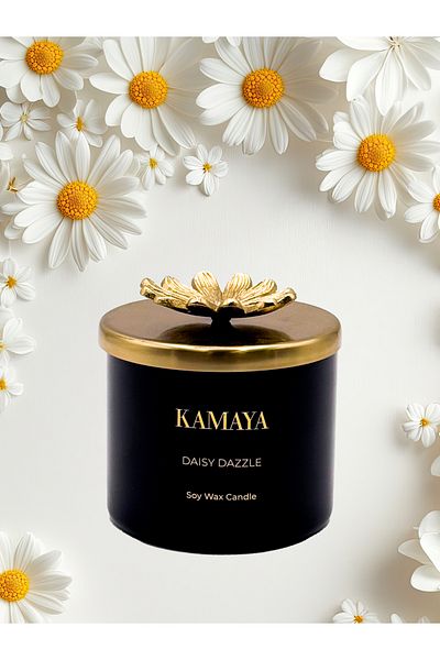 Kamaya Daisy Dazzle Scented candle 14 oz (400 gms) with gold lid with floral motif.