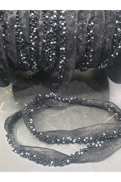 ESRA ŞELEM Black-Silver Beaded Black Tulle Bias Decorative Ribbon Applique 1 Meter Accessory Hobby