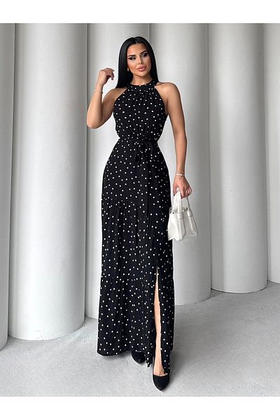 HARMONY GLOBAL Rochie neagră din viscoză cu lungime maxi cu decolteu cu buline - Detaliu cu fante 4233