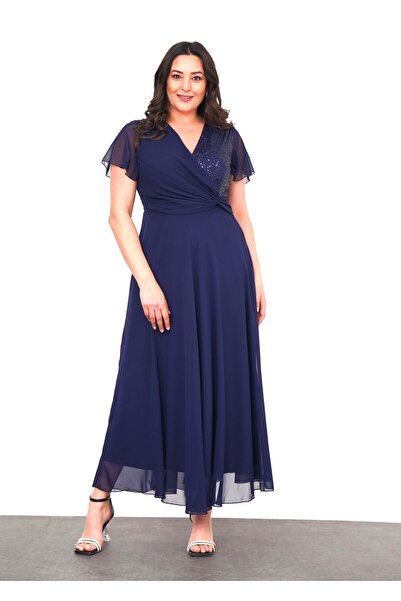 Şirin Butik Women's Navy Blue Large Size Double Breasted Collar Short Sleeve Sequin Detailed Chiffon Evening Dress