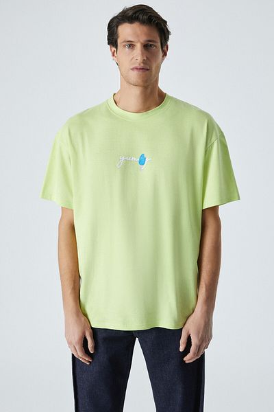 GRIMELANGE Yummy Men's Crew Neck Print Detailed 100% Organic Cotton Short Sleeve Light Green T-Shirt