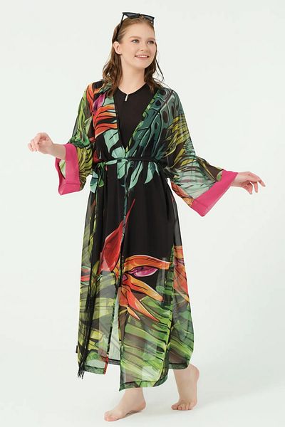 Bordomix 7174 Women's Black Patterned Belted Long Pareo - Beach Dress