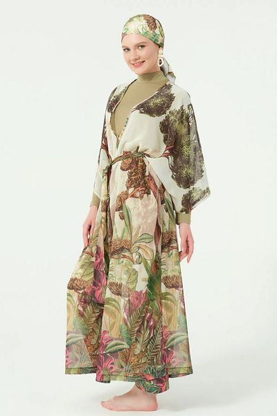Bordomix 7179 Women's Green Nature Patterned Belted Long Pareo - Beach Dress