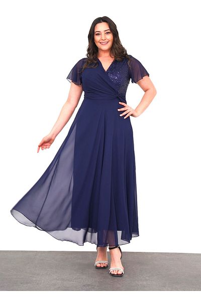 Şirin Butik Women's Navy Blue Large Size Double Breasted Collar Short Sleeve Sequin Detailed Chiffon Evening Dress