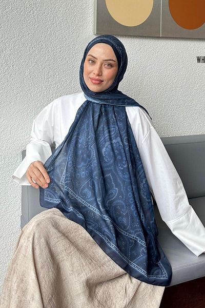 lamelif Retro Pattern Soft Shawl Navy Blue