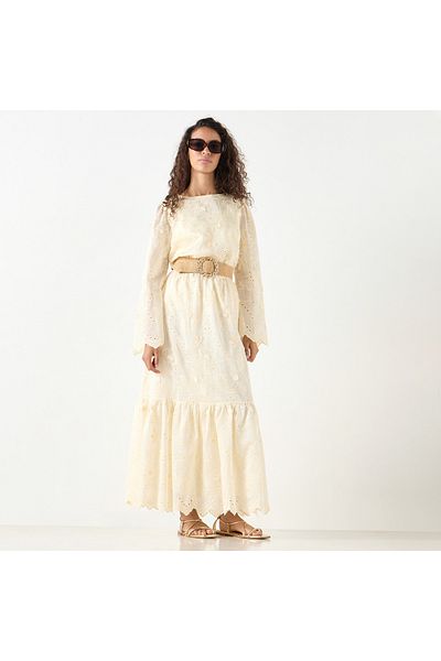 FAV All-Over Embroidered Top with Crew Neck and Long Sleeves