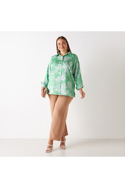 FAV Plus Size All-Over Floral Print Button Up Shirt with Long Sleeves