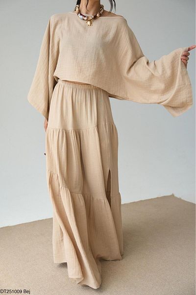 Lupies Women's Beige Blouse-Skirt Linen Set