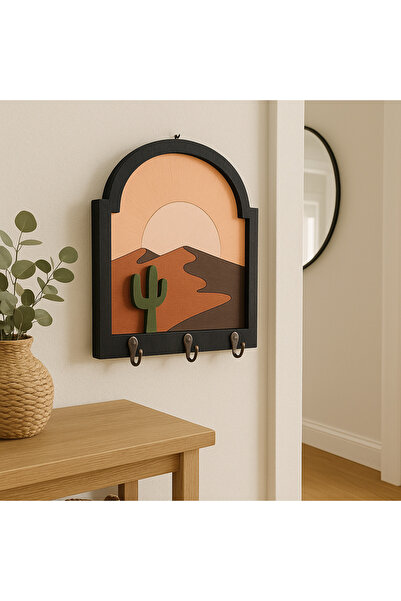 Efem Dekor Dekoratif Ahşap Anahtarlık Askısı - Çöl Manzaralı, Kaktüs Temalı, Duvar Tipi Organizer