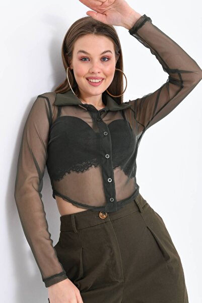 MOVİMENT Kadın Siyah Uzun Kollu Tül Crop Gömlek