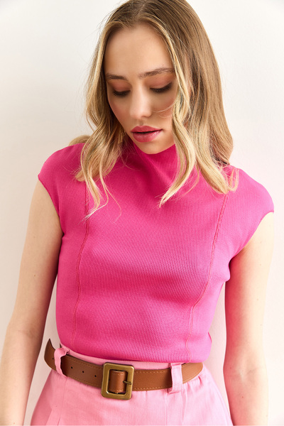 Olalook Damen-Fuchsia-Crop-Bluse mit Stehkragen und Nähten BLZ-19003005