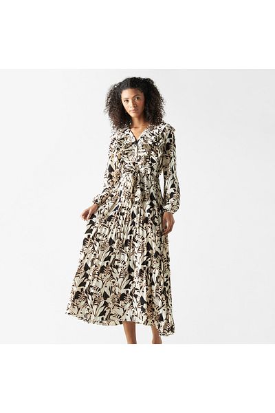 FAV All-Over Floral Print Midi Dress with Ruffles and Tie-Up Belt