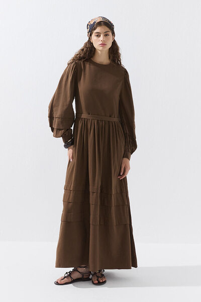 Hooopstore Cotton Blended Allerli Brown Dress