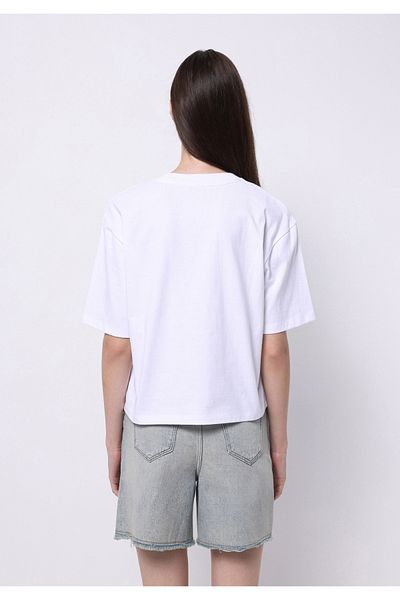 Colin's Tricou alb cu mânecă scurtă pentru femei, cu broderie cu gât rotund