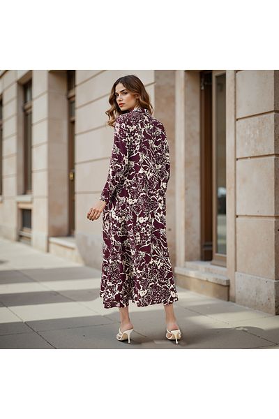 Iconic Iconic Floral Print Trapeze Midi Dress with Collar and Long Sleeves
