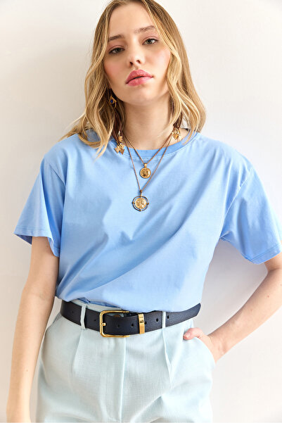 Olalook Damska koszulka typu basic z okrągłym dekoltem w kolorze jasnoniebieskim TSH-19000774
