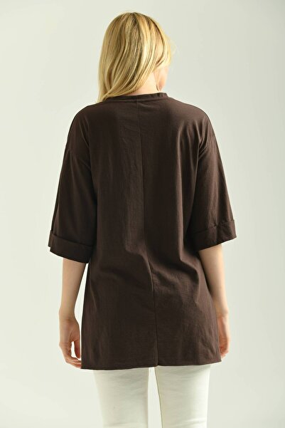 MOVİMENT Καφέ πλεκτό μπλουζάκι με διπλό μανίκι φαρδύ κοψίματο ασύμμετρο άνοιγμα