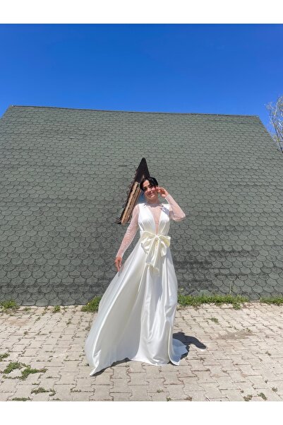 SOLİSTOES Saten Kuyruklu Fiyonk Detaylı Uzun Gelinlik