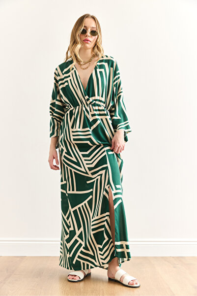 Olalook Γυναικείο γεωμετρικό πράσινο διπλό γιακά με ελαστική μέση μάξι φόρεμα βισκόζης ELB-19002383