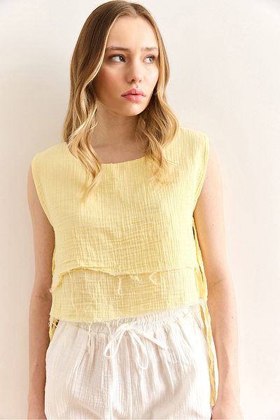 Olalook Women's Yellow Double Layer Dirty Stitching Lace Detailed Muslin Blouse Blz-19002924