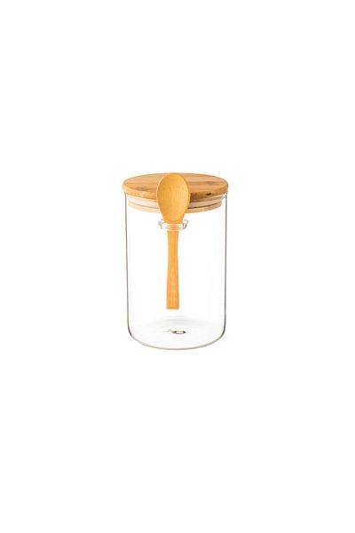 Generic Clear glass jar with wooden lid, wooden spoon and airtight seal, size 15*10 cm