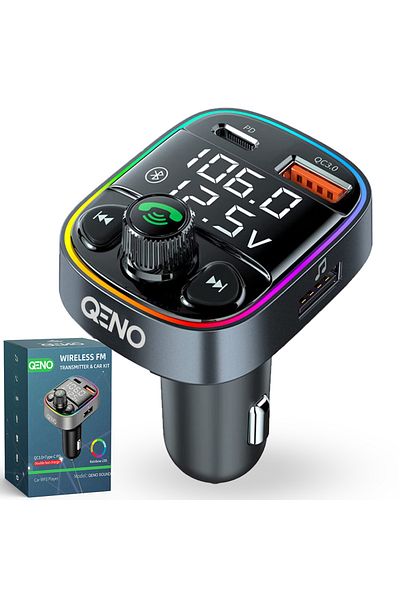 qeno Modulator FM Auto Qeno® BT 5.0, 10 Funcții, USB-C+QC3.0, RGB, Handsfree, Voltaj Baterie, Negru