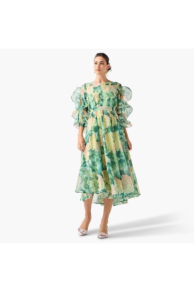 2Xtremz Floral Print Midi Dress with Ruffle Sleeves and Tie-Up Belt