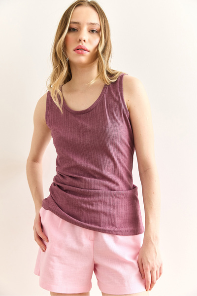 Olalook Dusty Rose Damen-Bluse mit U-Ausschnitt und geripptem Textur BLZ-19003004