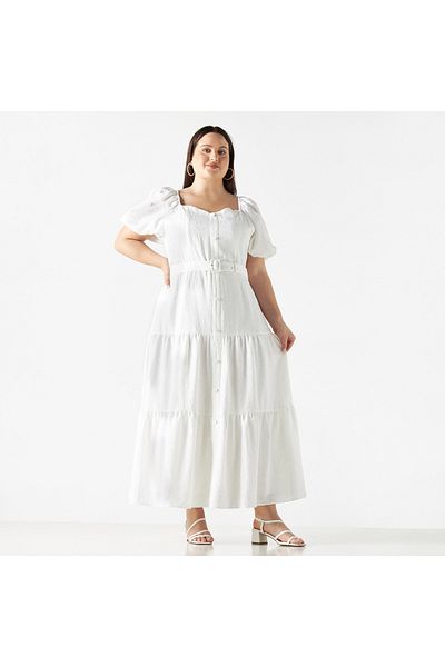 FAV All-Over Floral Detail Tiered Dress with Belt and Balloon Sleeves