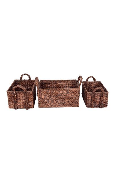 Bahçem Decorative Water Hyacinth / Water Hyacinth Rectangular Basket with Handles Dark Brown Set of 3