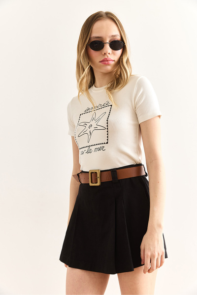 Olalook Women's Black Belted Gabardine Skirt with Shorts Etk-19000324