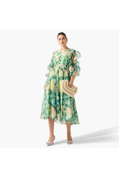 2Xtremz Floral Print Midi Dress with Ruffle Sleeves and Tie-Up Belt