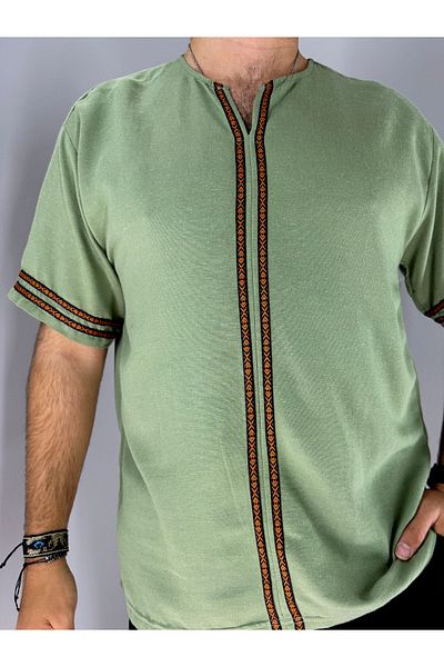 MARESHAL Pear Collar Placket and Sleeve Ethnic Detailed Linen T-Shirt (Khaki)