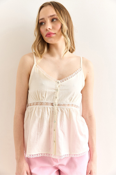 Olalook Women's White Lace Detailed Strappy Flam Linen Blouse Blz-19003006