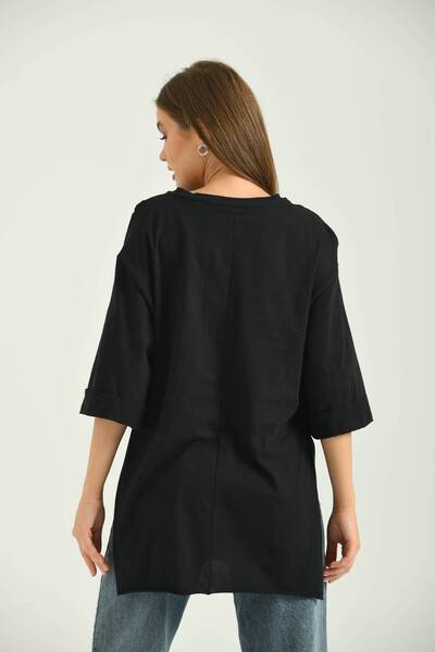 MOVİMENT Μαύρο πλεκτό μπλουζάκι με διπλό μανίκι φαρδύ κοψίμα ασύμμετρο άνοιγμα