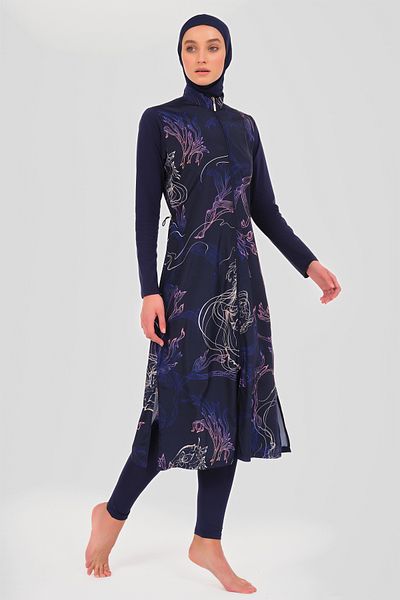 ALFASA Women's Embroidery Patterned Full Covered Hijab Swimsuit 24511-25 Navy Blue