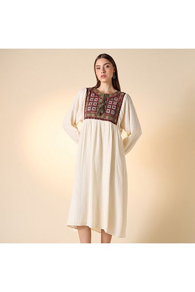 FAV Embroidered A-Line Midi Dress with Long Sleeves