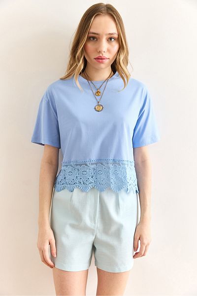 Olalook Γυναικεία Baby Blue Φούστα Guipure Λεπτομερές T-Shirt TSH-19000873