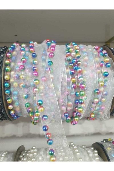ESRA ŞELEM Colorful Beaded White Tulle Bias Decorative Ribbon Applique Sewing Accessory