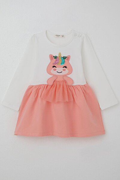 Breeze Kız Çocuk Elbise Pullu Nakışlı Kedicik 1-4 Yaş, Ekru