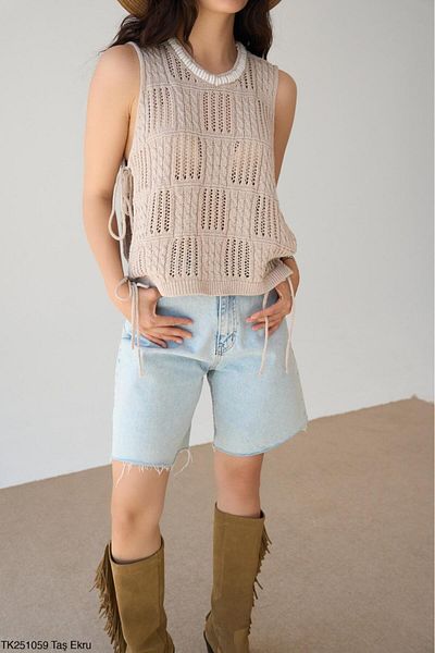 Lupies Women's Beige Jacquard Sleeveless Sweater with Lacing Detail