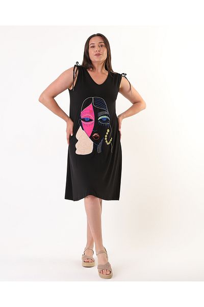 Şans Women's Plus Size Black, Embroidery Detailed, Sleeveless Viscose Dress 65N38970