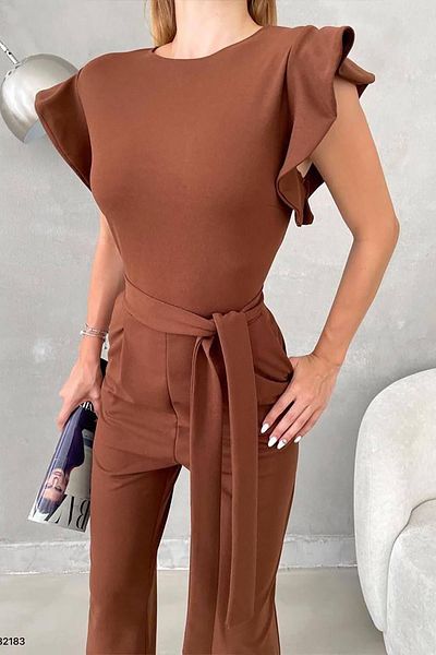 Deafox Brown Crepe Fabric Sleeves Flywheel Detail Belted Belted Jumpsuit