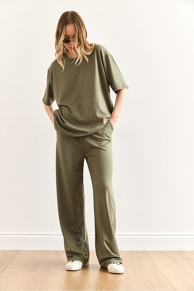 Olalook Women's Khaki Stone Detailed Bottom Top Set Tkm-19000391