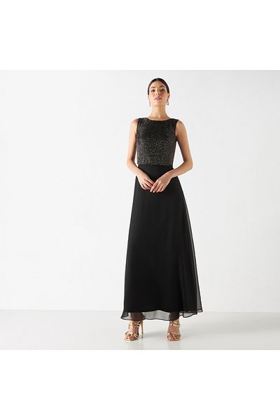 FAV Embellished Sleeveless Maxi Flared Dress with Round Neck