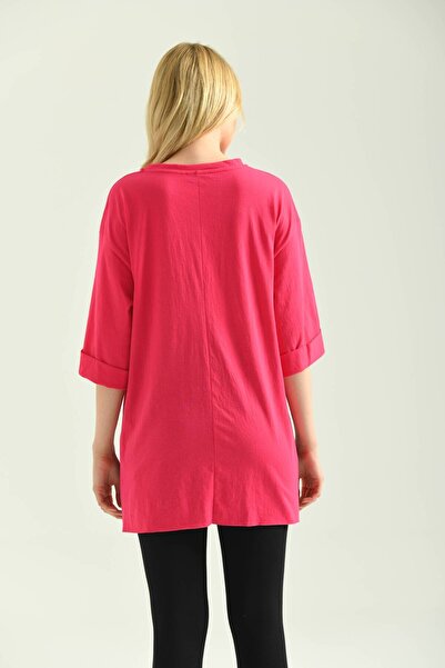 MOVİMENT Φούξια μπλουζάκι με διπλό μανίκι φαρδύ κοψίματο ασύμμετρο πλεκτό άνοιγμα