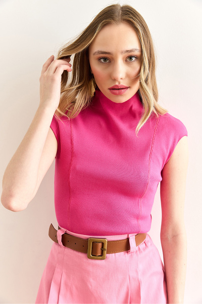 Olalook Damen-Fuchsia-Crop-Bluse mit Stehkragen und Nähten BLZ-19003005