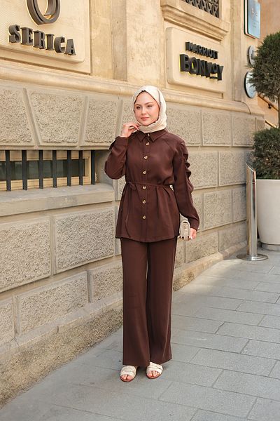LOCCO Women's Sleeve Pleated Modal Suit Brown